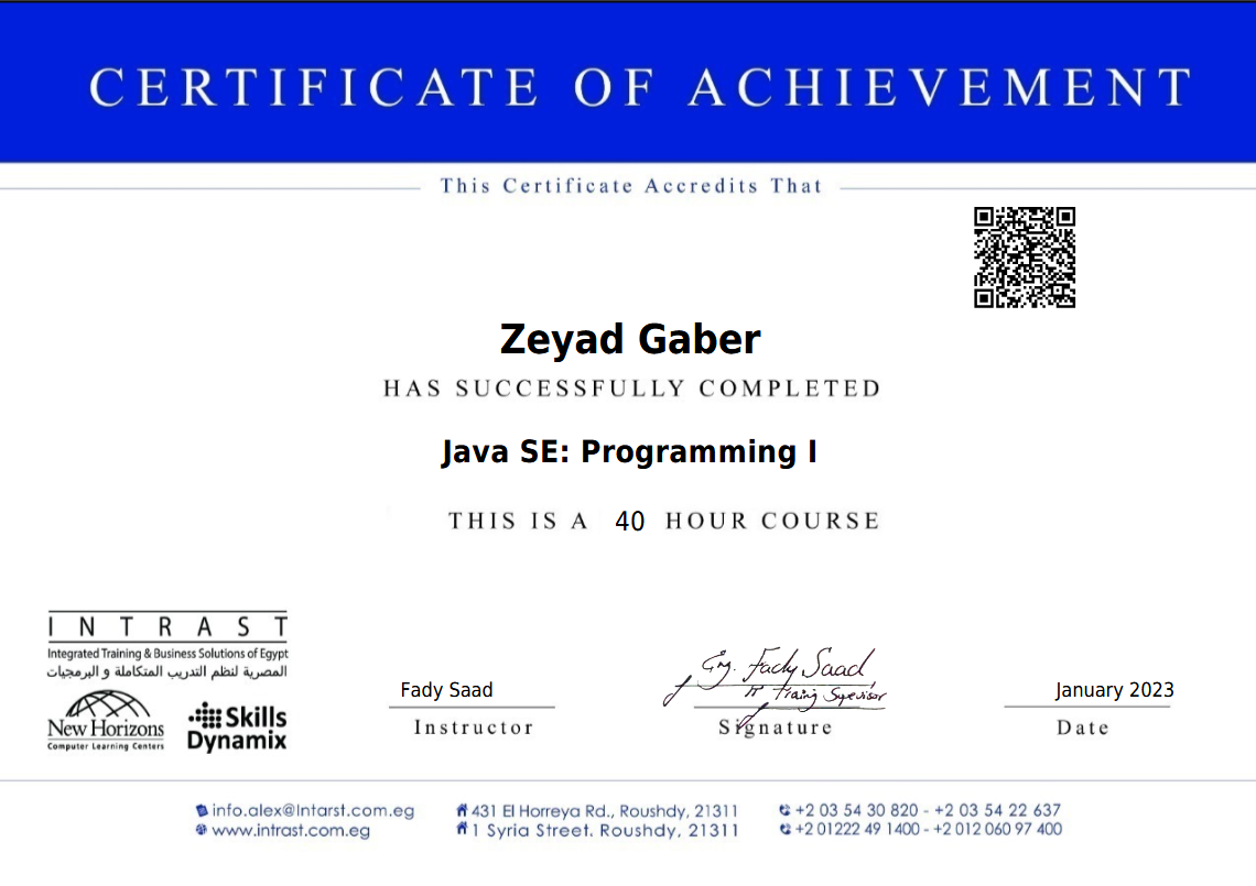 JAVA SE1 Certificate